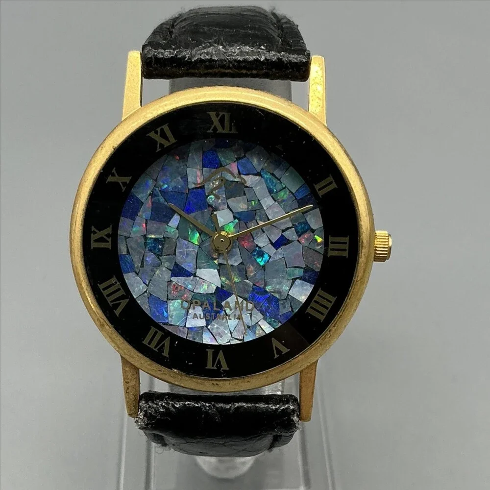 Vintage Opaland Womens Watch 34mm Mosaic Opal Gold Tone Australian New Battery